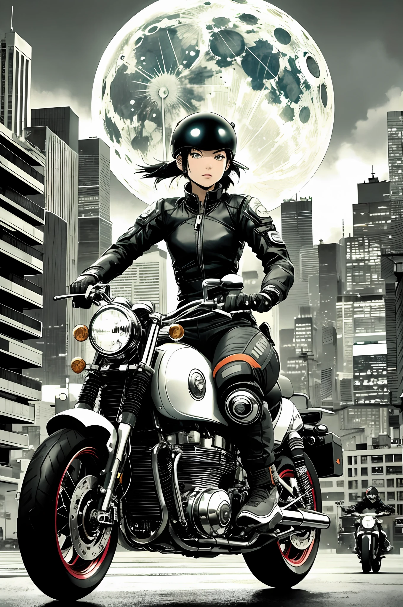 best quality, masterpiece, photo, 4K, photorealistic,
1girl riding motobike, techwear, cyberpunk city, solo, futuristic, huge moon in the background, black and white, by Akira Toriyama, closeup,