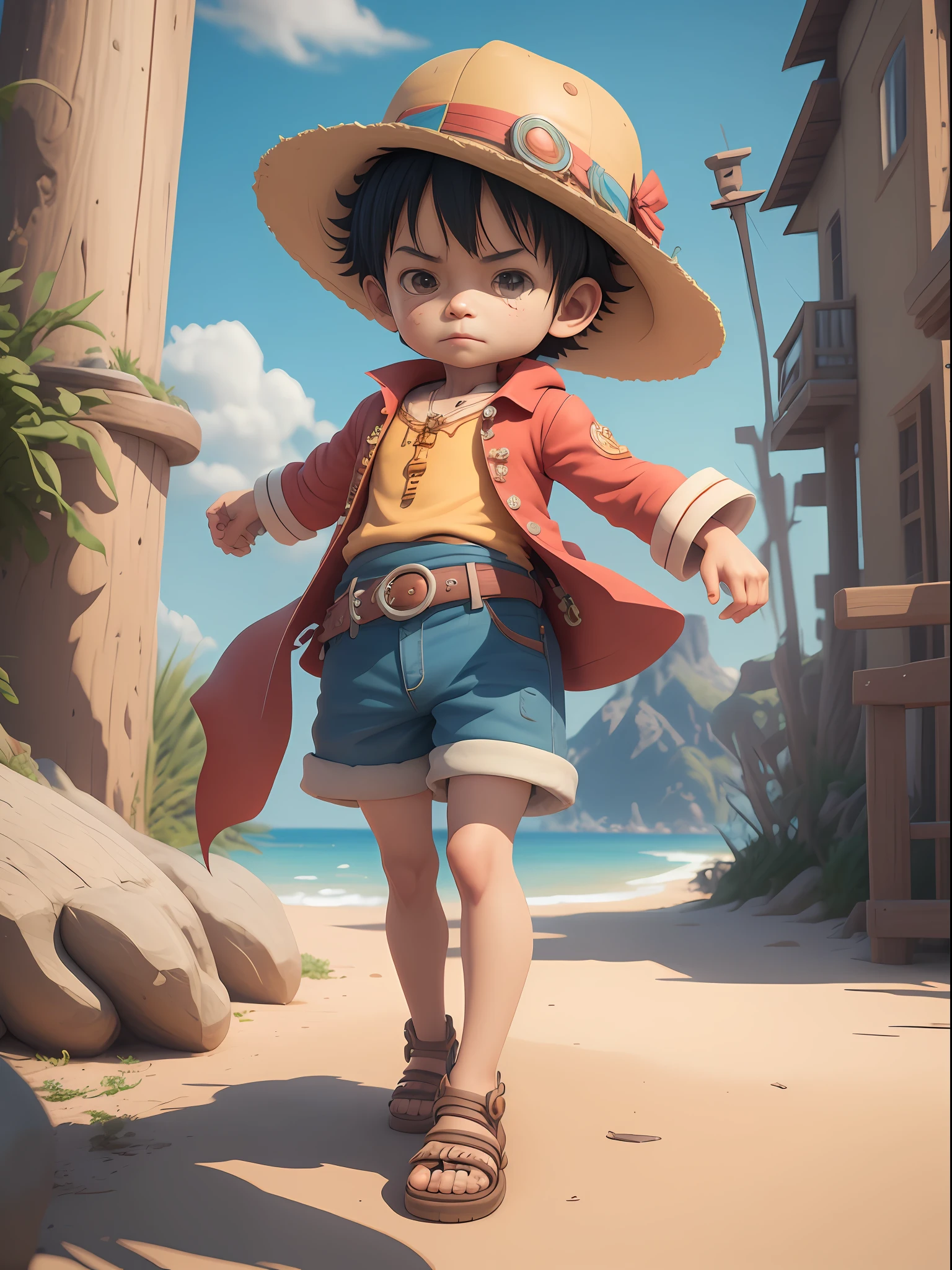 1boy, solo, cute 3d render, cute detailed digital art, male explorer mini cute boy, cute digital painting, stylized 3d render, cute digital art, cute render 3d anime boy, luffy the little pirate looks up, cute! c4d, portrait anime sea pirate boy, he is wearing an open long-sleeved red cardigan with four buttons, with a red sash tied around his waist, blue shorts with cuffs, sandals, background beach, ship