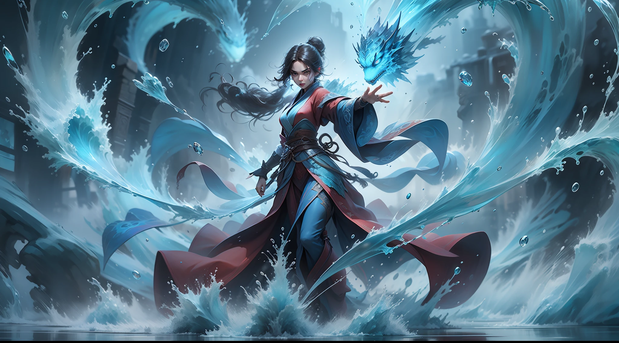 Q version 3 years old（Red robe：1.4）The girl stood in front of the transparent blue water dragon，crystal-clear，Eau，water flowing，drippy，Combines the power of water and ice elements，Create powerful ice storms，Freeze surrounding enemies and deal extensive freeze damage。