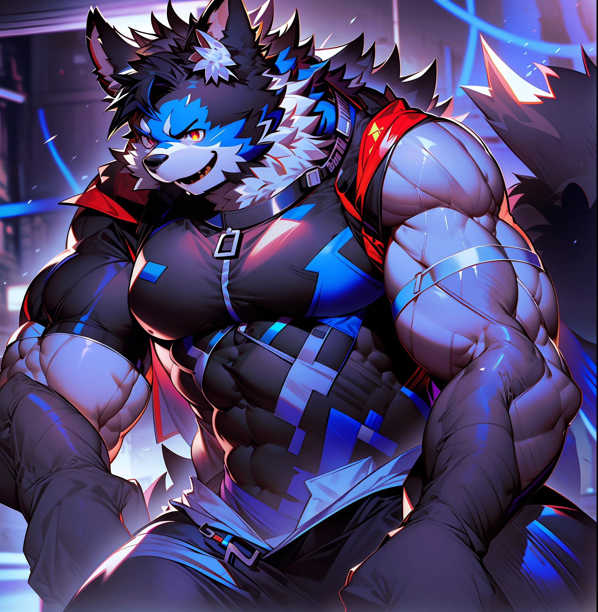 coyote，Furry，Blue pattern，Black hair，musculature，Muscle men，nakeness，Strong，ultraclear，Has a large ，Collar，Black  shorts，Black sclera，red pupils，Abs，Yellow coat，The erection，Collar，Has a large ，der riese，olo，Stout arms，Storm jacket，Badge，Pronounced abs，ssmile，lbeard，Dim lighting，Dark atmosphere，subway station background，Dim light，Urban style，hold fists,Big Dick