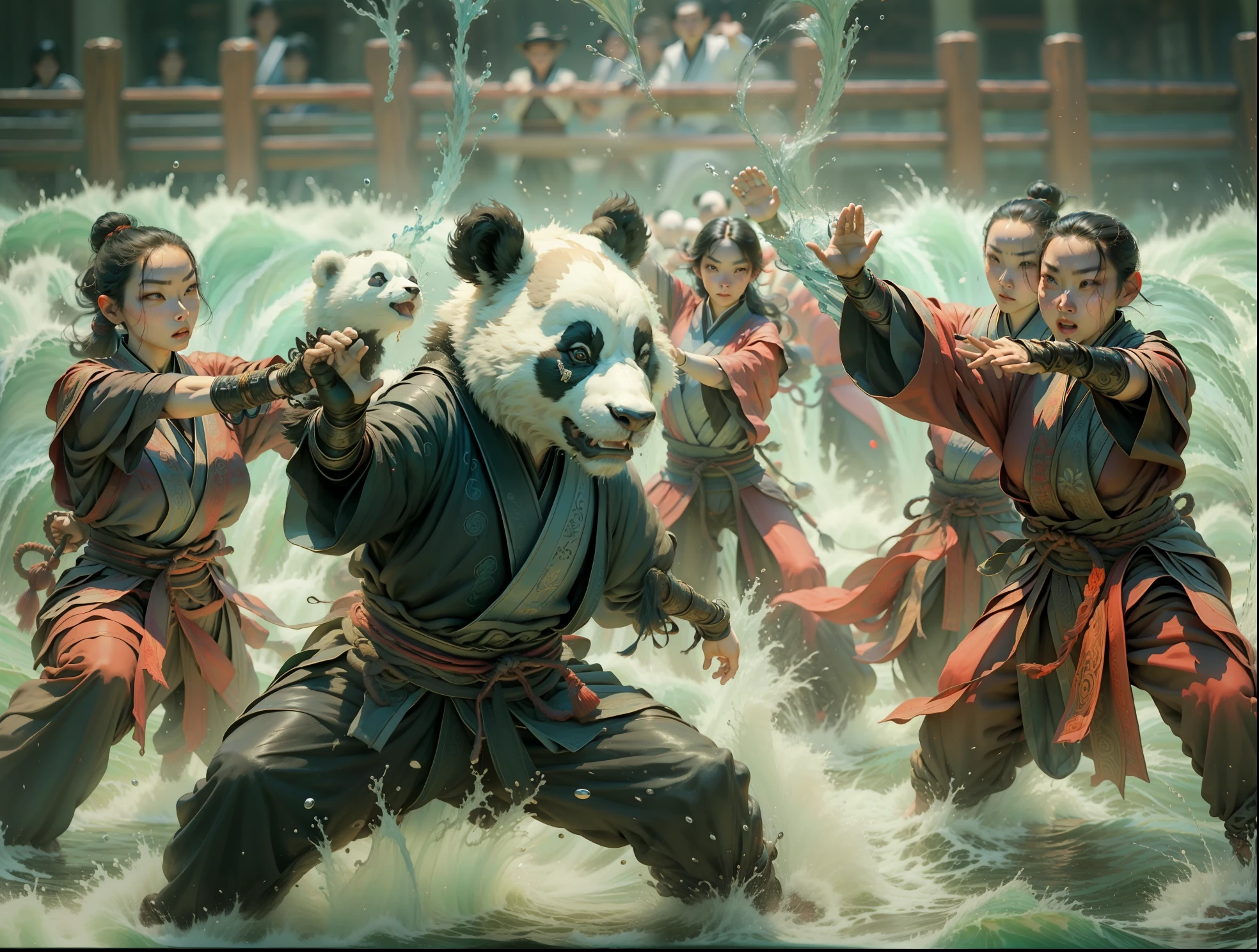 中国武术场景，熊猫用功夫和太极控制水, 与溅水, 波浪, 和魔法能量 