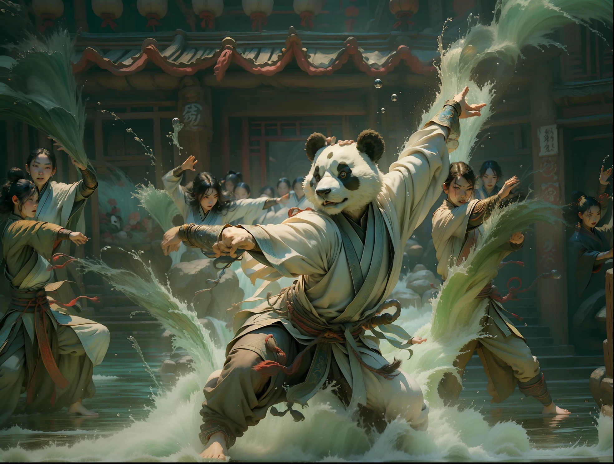 Una escena de artes marciales chinas que muestra un panda controlando el agua con kung fu y tai chi., con salpicaduras de agua, ondas, y energía mágica.

atmósfera lúdica, colores vibrantes, composición dinámica, Canon EOS R5 camera, Fujifilm Provia 100F film, lente de 50 mm, poca profundidad de campo, Jackie Chan, Donnie Yen, Jet Li, Alexander McQueen, Guo Pei