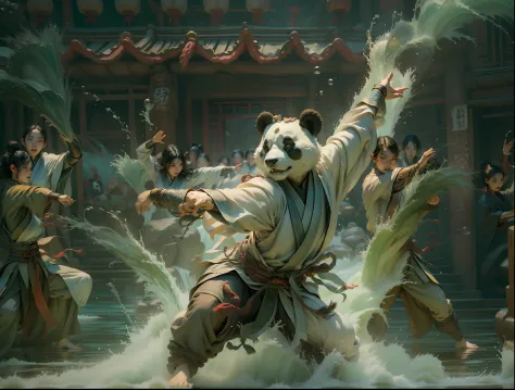 A Chinese martial arts scene featuring a panda controlling water with kung fu and tai chi, with splashing water, waves, and magi...