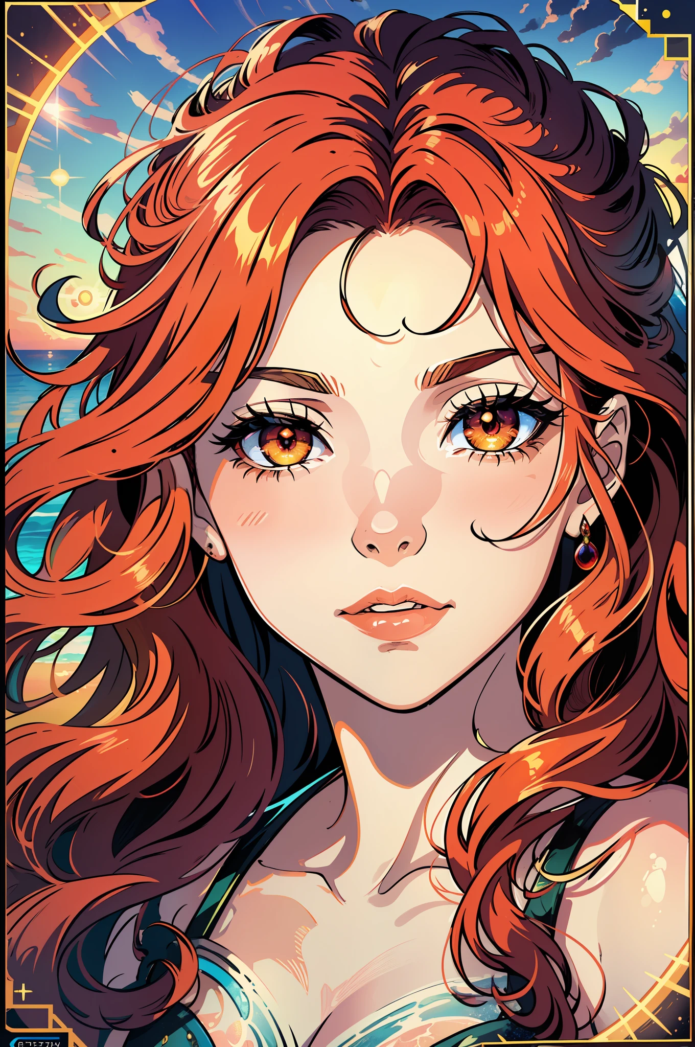 ( Absurd , High quality , ultra detailed to hand ) ( careful hand ) Zodiac sign- Aries goddess , similar to latin goodness , Brave ,willful ,productive ,enterprising and humanitarian face . sunset reddish hair , transparent dress , in the ocean with sun , whole body , crystal fire eyes ( eye detailed ) . strong powerful look .