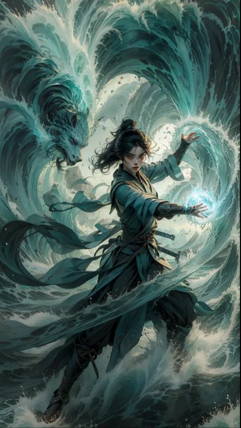 Best quality,masterpiece,ultra high res,,yushuishu,1girl,solo,black hair,water,waves,lips,full body,Take the sword.