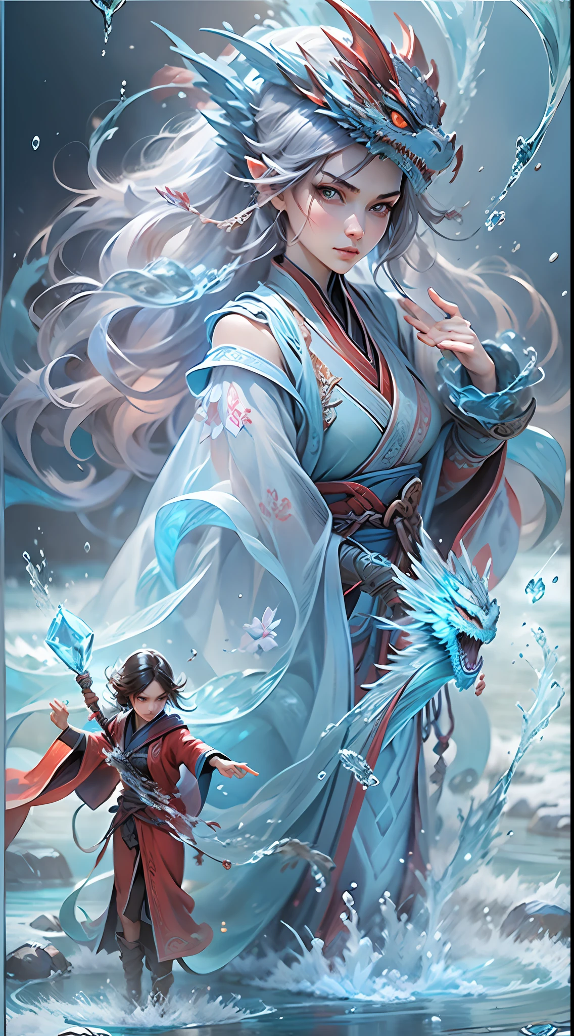 Q version 3 years old（Red robe：1.4）Baby girl standing in front of a transparent blue water dragon，crystal-clear，Eau，water flowing，drippy，Around the girl，Combines the power of water and ice elements，Create powerful ice storms，Freeze surrounding enemies and deal extensive freeze damage。