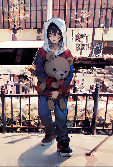 Anime boy with teddy bear holding happy birthday card, happy birthday, Happy!!!, ((Hypersaturated)), !!Full body portrait!!, [ D...