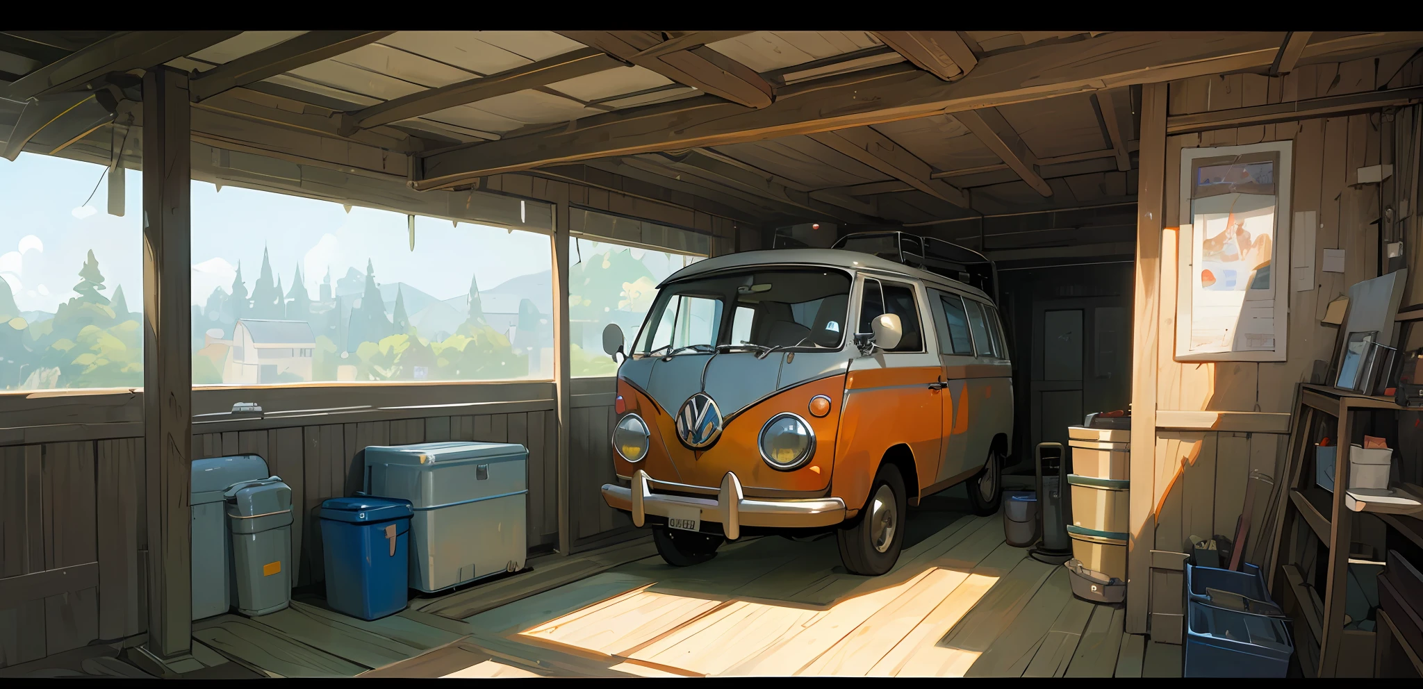 (((melhor qualidade))), realista, autêntico, garagem linda e incrível com uma pintura a óleo de um Volkswagen Kombi do Studio Ghibli de Hayao Miyazaki --v6