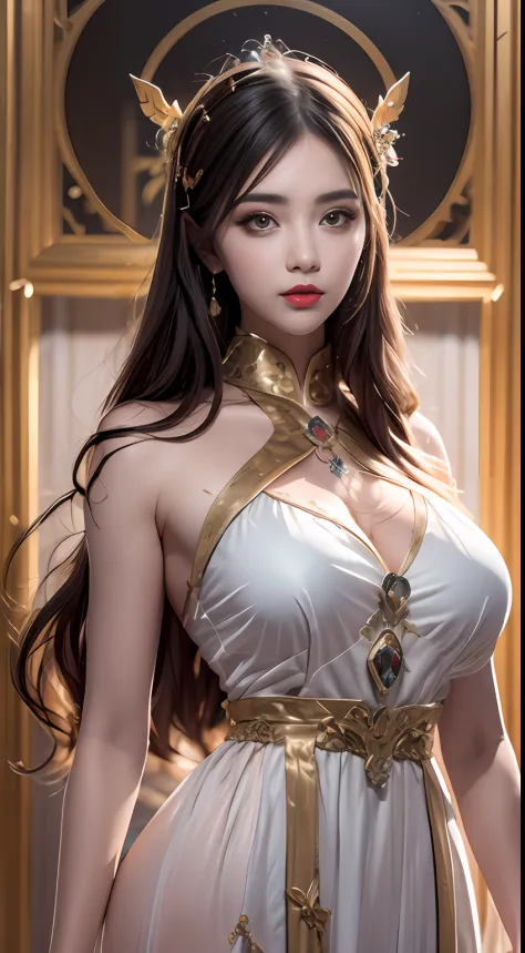 Portrait of a young 20-year-old saint, a saint with a beautiful and super cute face,wearing a very thin and sexy ao dai, beautiful cute face, Ao dai with a deep slit in the chest and attractive black and white lace trim, beautiful face without blemishes, L...