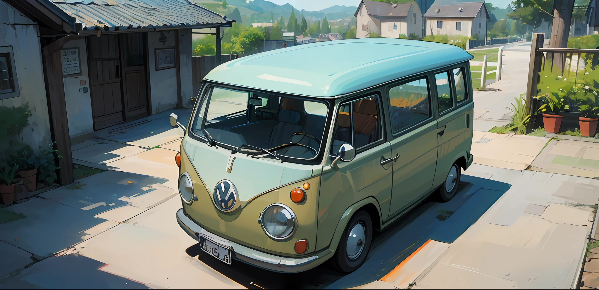 (((mejor calidad))), realista, auténtico, Precioso y espectacular garaje con pintura al óleo de Volkswagen Kombi --v6