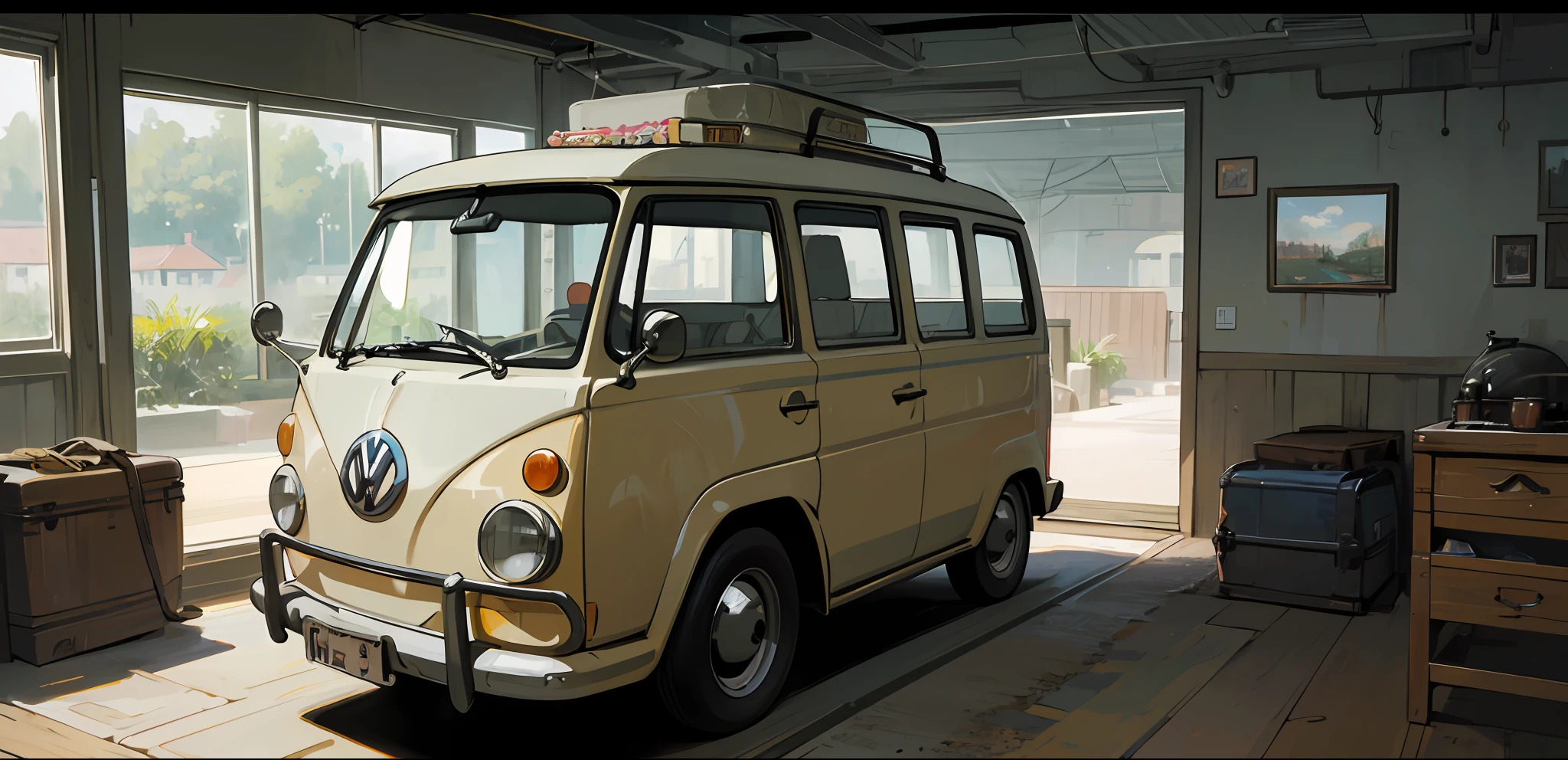 (((mejor calidad))), realista, auténtico, Precioso y espectacular garaje con pintura al óleo de Volkswagen Kombi --v6