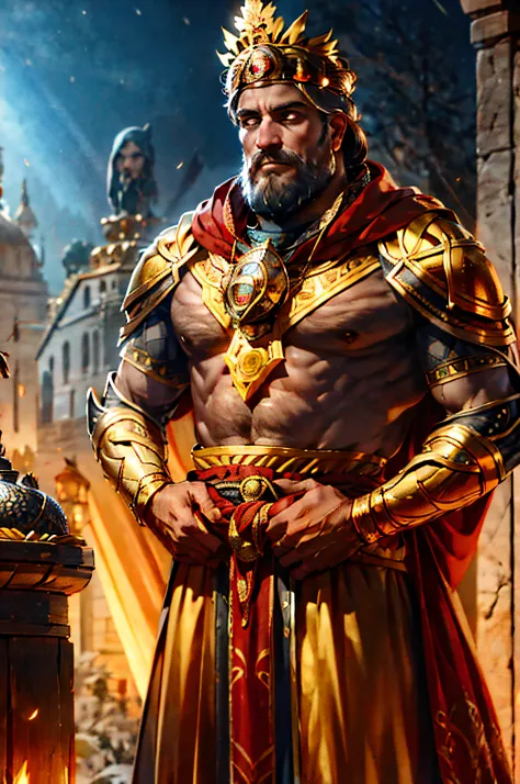 1 Rei, homem em armadura pesada ornamentada, Golden crown on head, barba preta, capa vermelha, Hands on hips, noite, rosto reali...