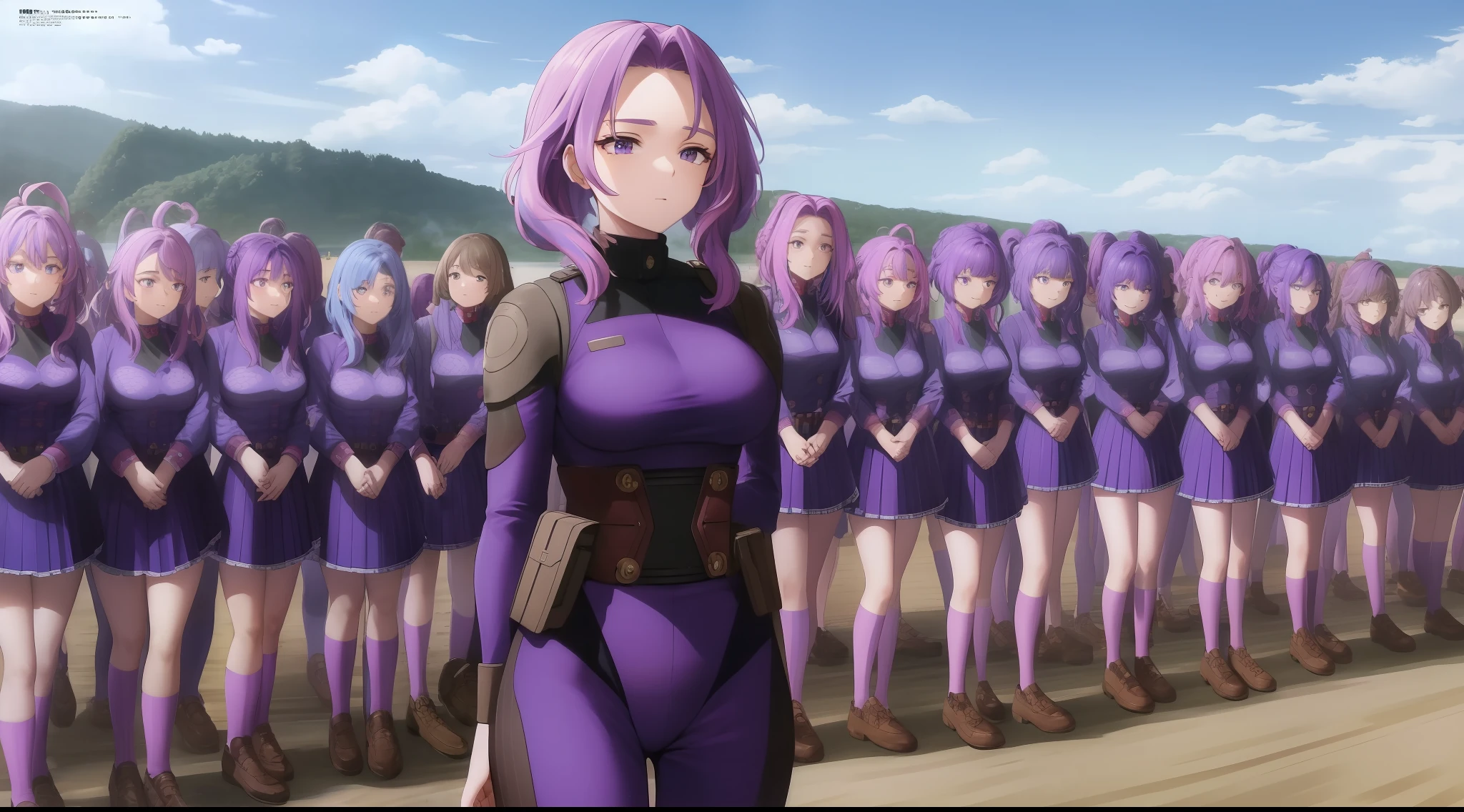 scan, (extremely detailed CG unity 8k wallpaper:1.1), highres, (thousands of, millions of, crowd of) +100girls, identical sisters, clones, doppelgangers, lady nagant, boku no hero academia, (purple hair, matching hairstyles), (multicolored hair), (purple eyes), breasts, beach, (purple bikini, matching outfit), standing in formation, in neat rows