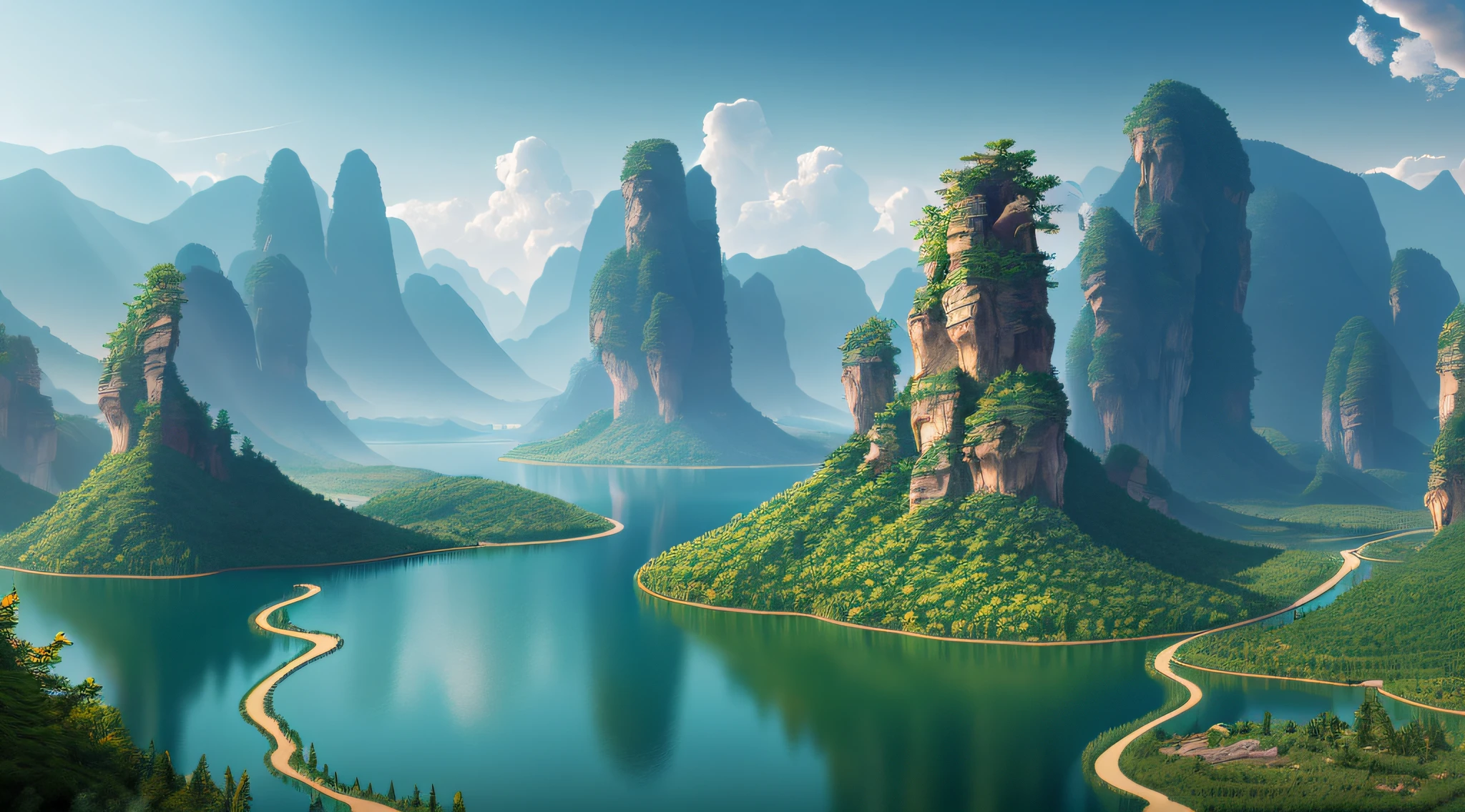 tmasterpiece，Chinese landforms，Best quality at best，high qulity，Extremely detailed Cg Unity 8K wallpapers，scenecy，exteriors，Skysky，green mountains，（Inspired by Zhangjiajie）Clouds，without humans，River（Large water surface area），Tress，A blue sky，cliff，Naturally，lakes，rivers，depth of fields，hdr，full bloom，color difference，Realism，The is very detailed，Trends on ArtStation，Trends on CGSociety，iintricate，high detal，Dramatic，Midjourney Art