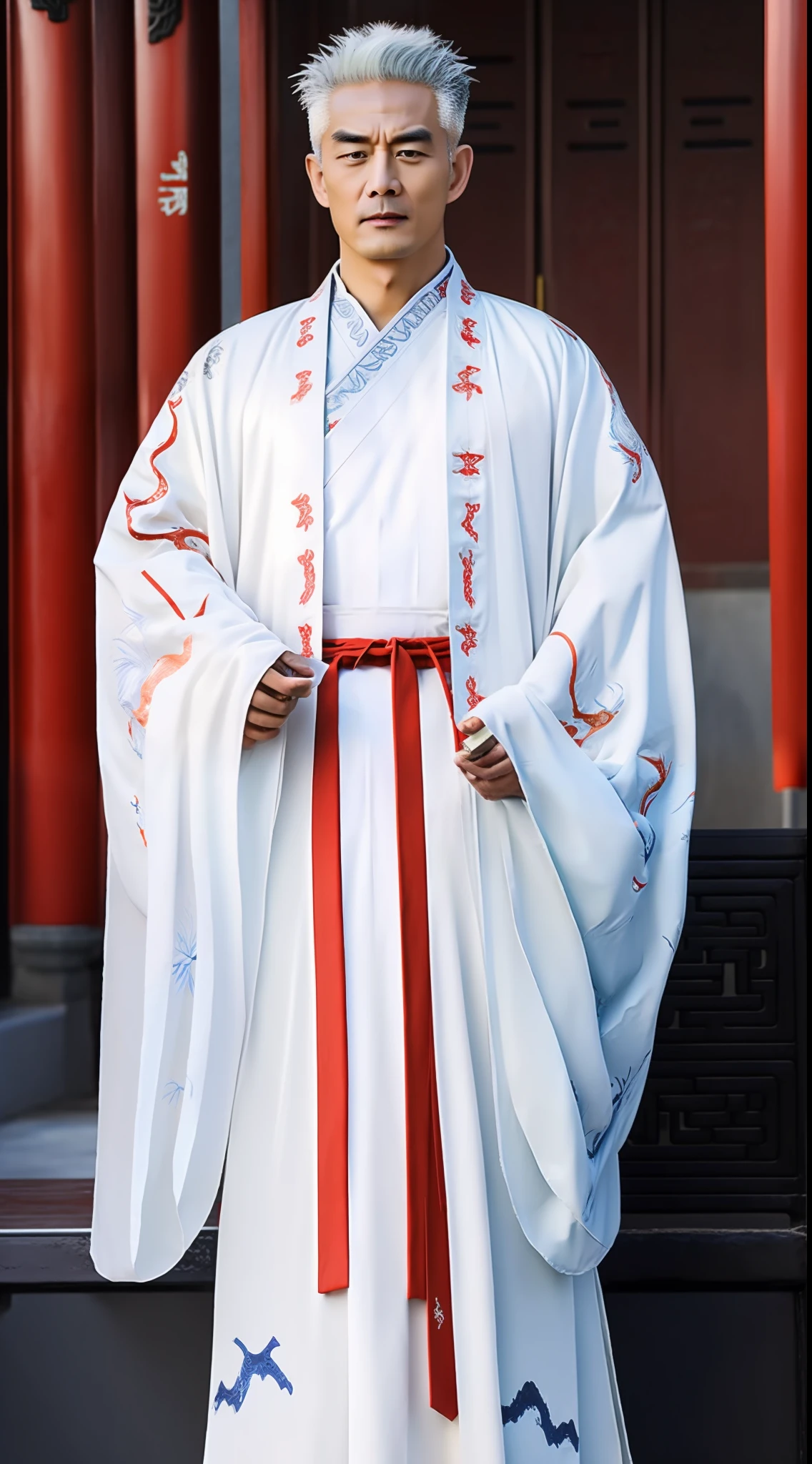 chef-d&#39;œuvre, la plus haute qualité, (solofocus),, (Détails élevés: 1.1),dojo，robe jaune， homme, couronne chinoise, 1 personne,et cheveux blancs,ultra haute résolution , contexte détaillé, Éclairage réaliste, portant une tenue antique Xianxia détaillée et complexe