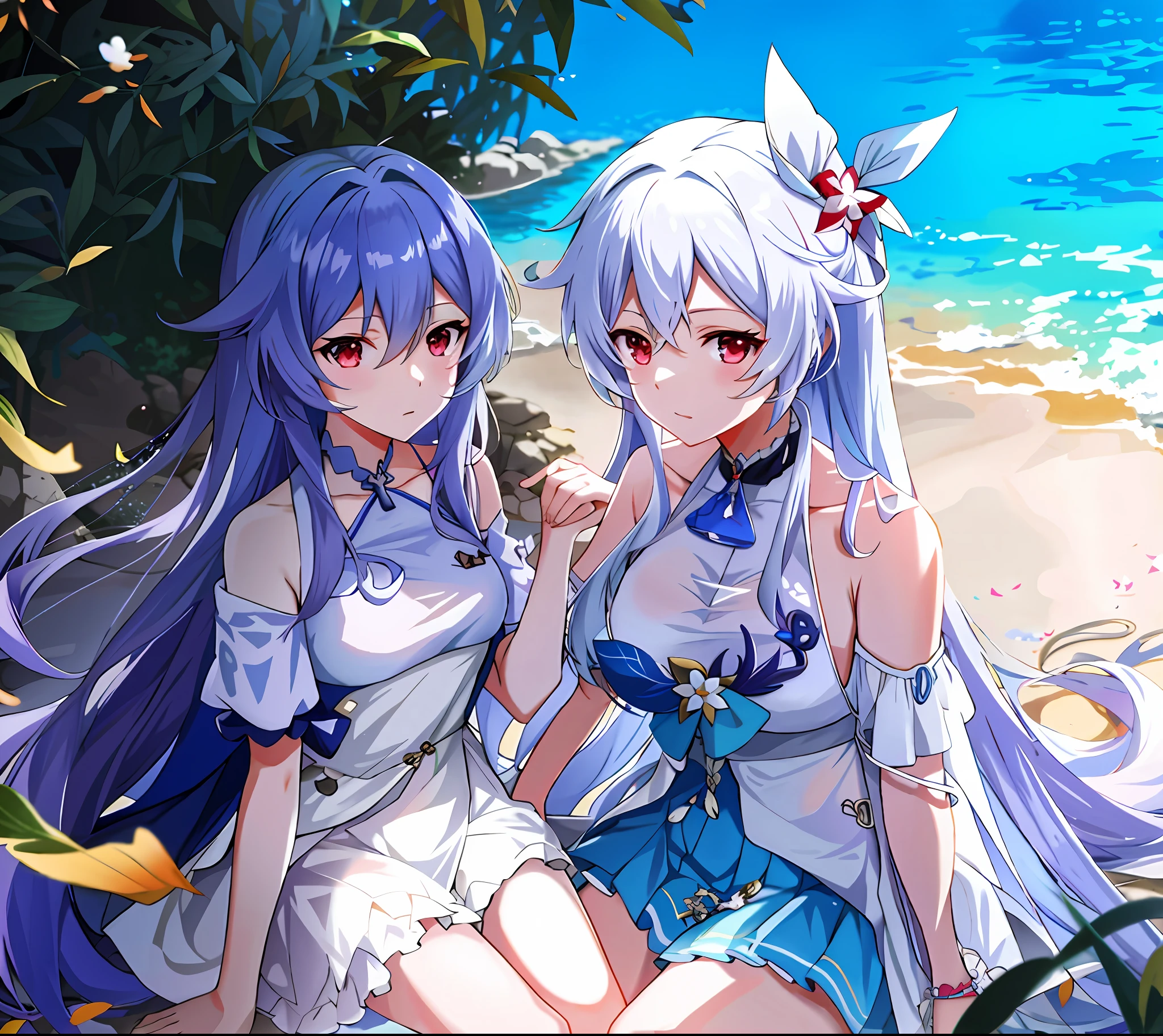 Anime characters sitting on the beach，The background is blue sky, nixeu and sakimichan, WLOP and Sakimichan, two beautiful anime girls, A scene from the《azur lane》videogame, Official artwork, sakimichan and frank franzzeta, zerochan art, Genshin, style of anime4 K, 《azur lane》role