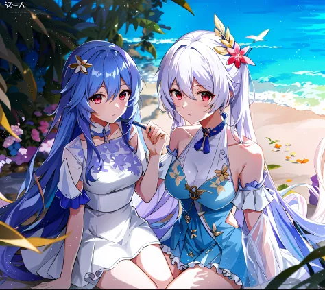 anime characters sitting on the beach，the background is blue sky, nixeu and sakimichan, wlop and sakimichan, two beautiful anime...