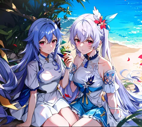 anime characters sitting on the beach，the background is blue sky, nixeu and sakimichan, wlop and sakimichan, two beautiful anime...