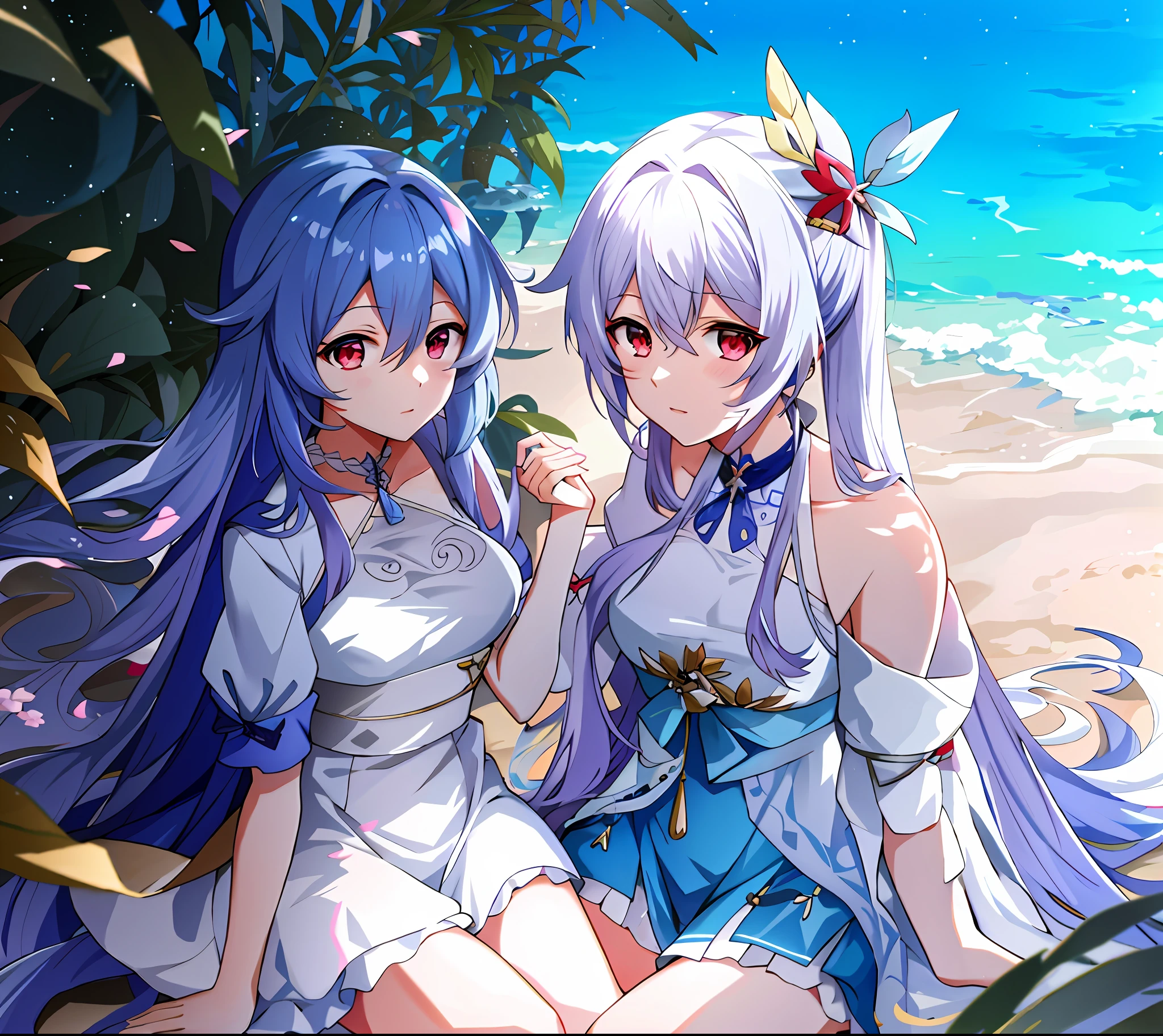 Anime characters sitting on the beach，The background is blue sky, nixeu and sakimichan, WLOP and Sakimichan, two beautiful anime girls, A scene from the《azur lane》videogame, Official artwork, sakimichan and frank franzzeta, zerochan art, Genshin, style of anime4 K, 《azur lane》role