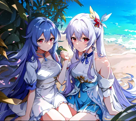 anime characters sitting on the beach，the background is blue sky, nixeu and sakimichan, wlop and sakimichan, two beautiful anime...