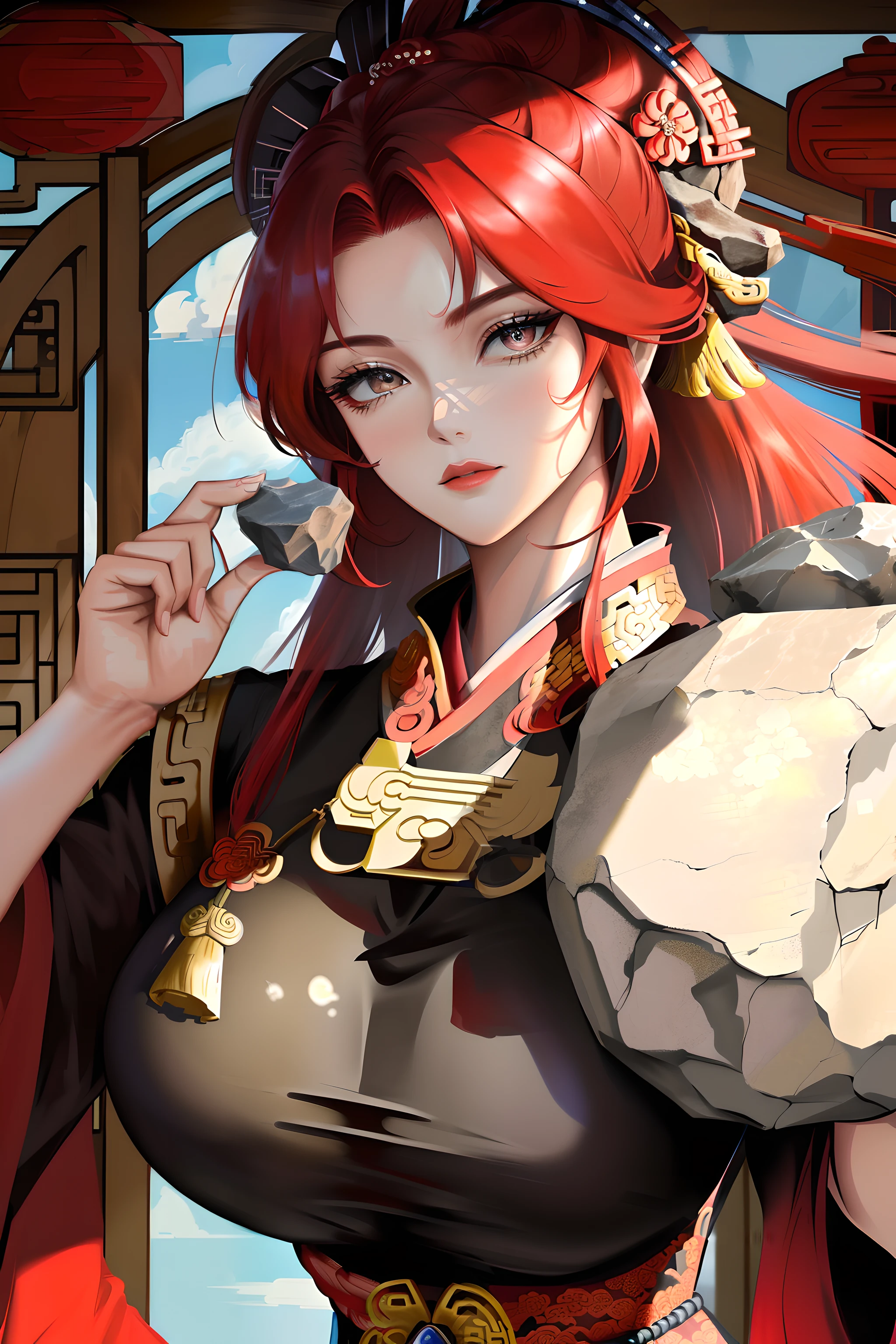 "傑作, 高品質, 超詳細な目と顔の特徴. 意志の強い女性, (巨大な岩を運ぶ:1.2)(大きな岩を運ぶ:1.5), スリムでありながら頑丈な姿を壮大な中国帝国のドレスで披露. 彼女の印象的な赤い髪は独特の魅力を醸し出しています."
