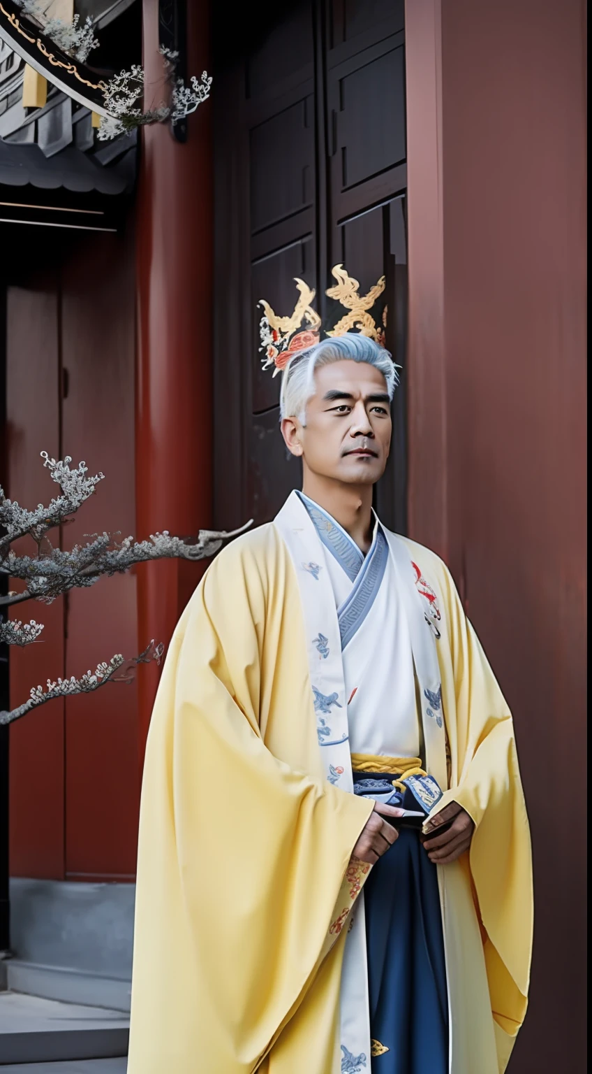 Masterpiece, Highest quality, (solofocus),, (High detail: 1.1),dojo，Yellow robe， Man, chinese crown, 1 person,and white hair,Ultra-high resolution , Detailed background, Realistic lighting, wearing a detailed and intricate xianxia antique outfit