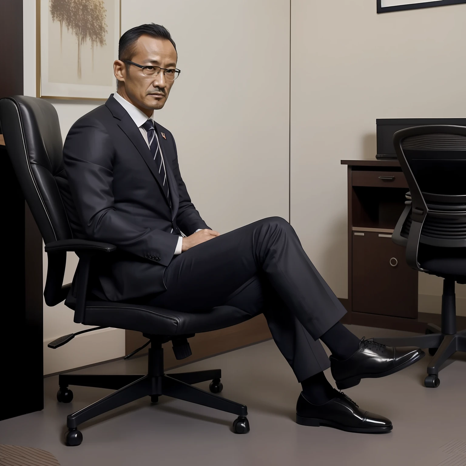 45 yers old，Hidetoshi Nakata，（Demo Mulroni 1.3），Shirtless，Tong，Bulge，office room，black long socks，Thin，musculature，lbeard，fortitude，artwork of a，tmasterpiece，k hd，Business suit，Shoes，the feet