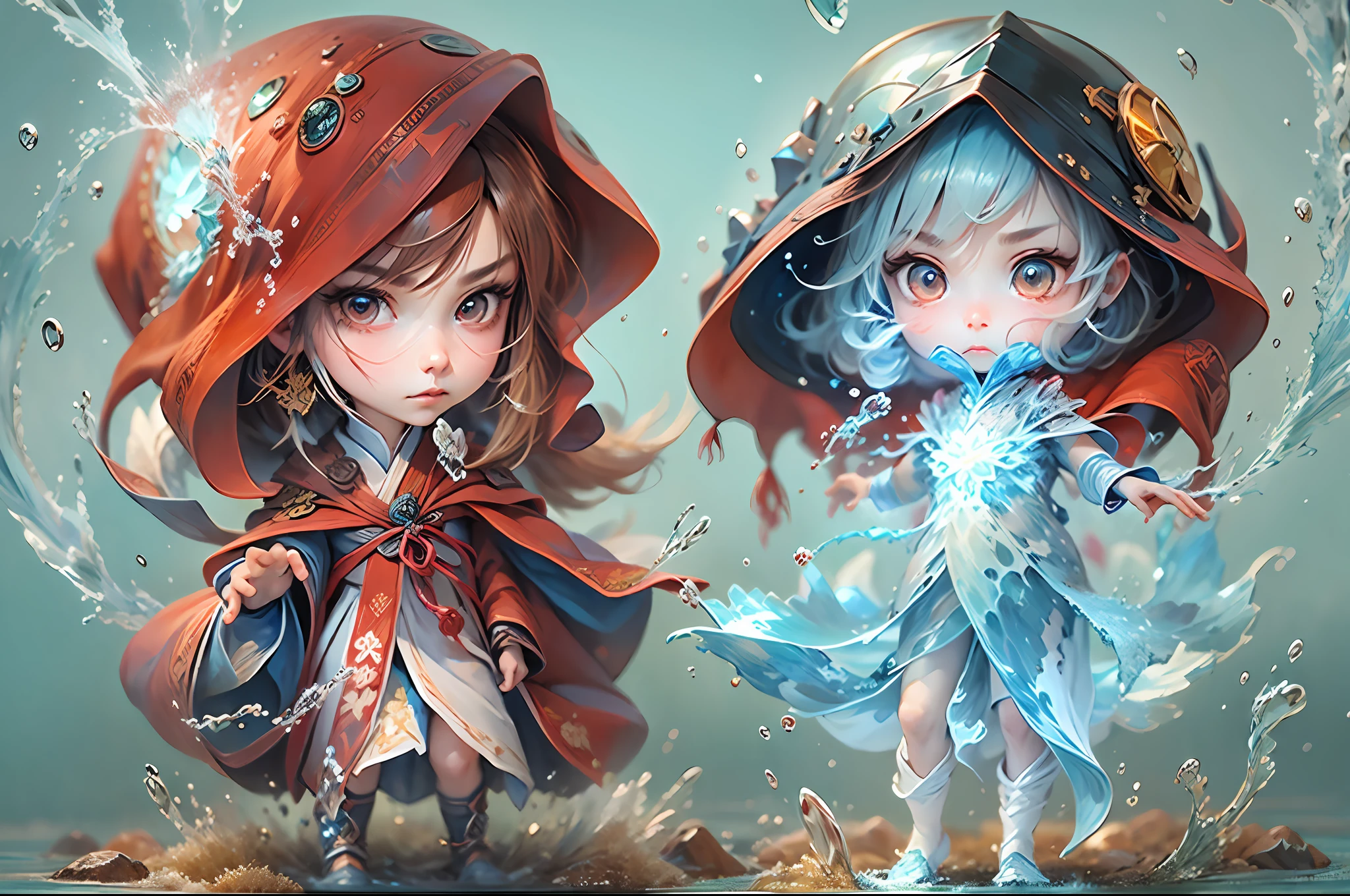 Q version 3 years old（Red robe：1.4）Baby girl standing in front of a transparent blue water dragon，crystal-clear，water，water flowing，drippy，Around the girl，Combines the power of water and ice elements，Create powerful ice storms，Freeze surrounding enemies and deal extensive freeze damage，high qulity，8K resolution，tmasterpiece，Works of masters，super-fine，Water portrays details，complex