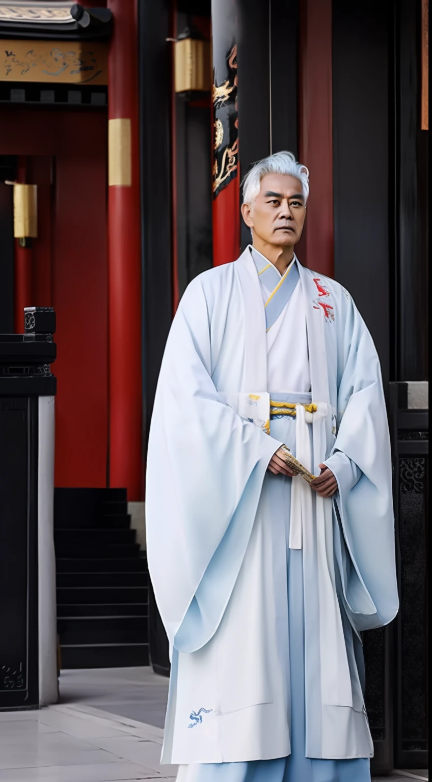 Masterpiece, Highest quality, (solofocus),, (High detail: 1.1),dojo，Yellow robe， Man, chinese crown, 1 person,and white hair,Ultra-high resolution , Detailed background, Realistic lighting, wearing a detailed and intricate xianxia antique outfit