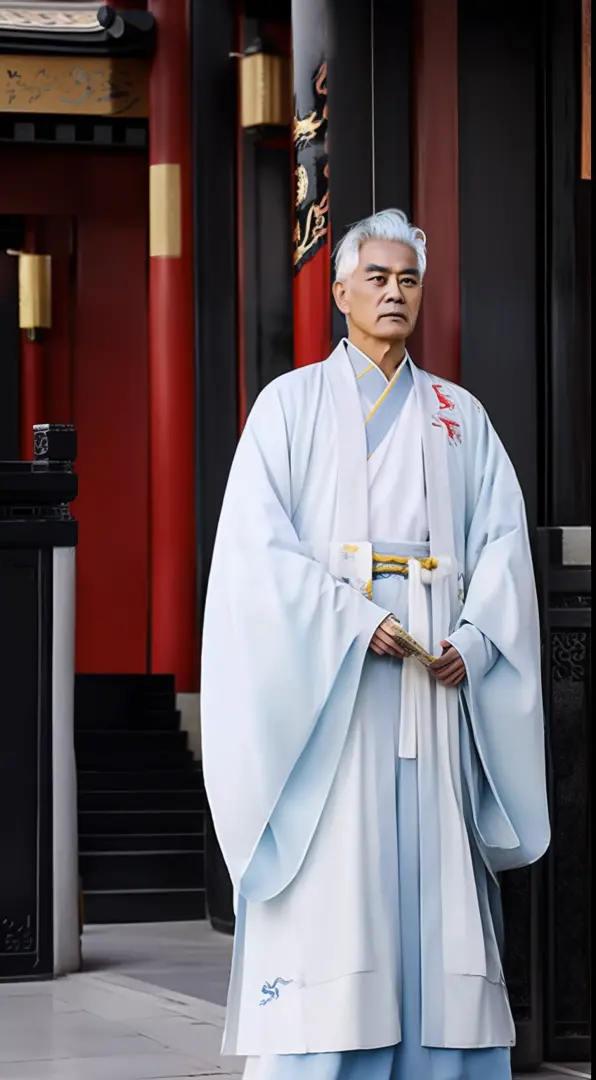 masterpiece, highest quality, (solofocus),, (high detail: 1.1),dojo，yellow robe， man, chinese crown, 1人,and white hair,超高分辨率 , d...