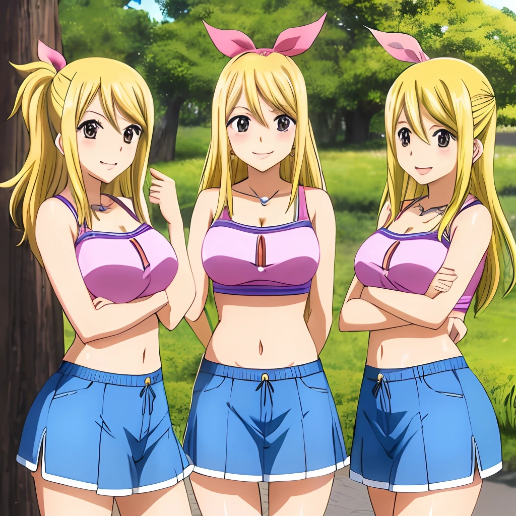 lucy heartfilia, 3girls, trio, triplets, clones, blonde hair, brown eyes, long hair, earrings, jewelry, smile, ribbon, hair ribbon, tree,