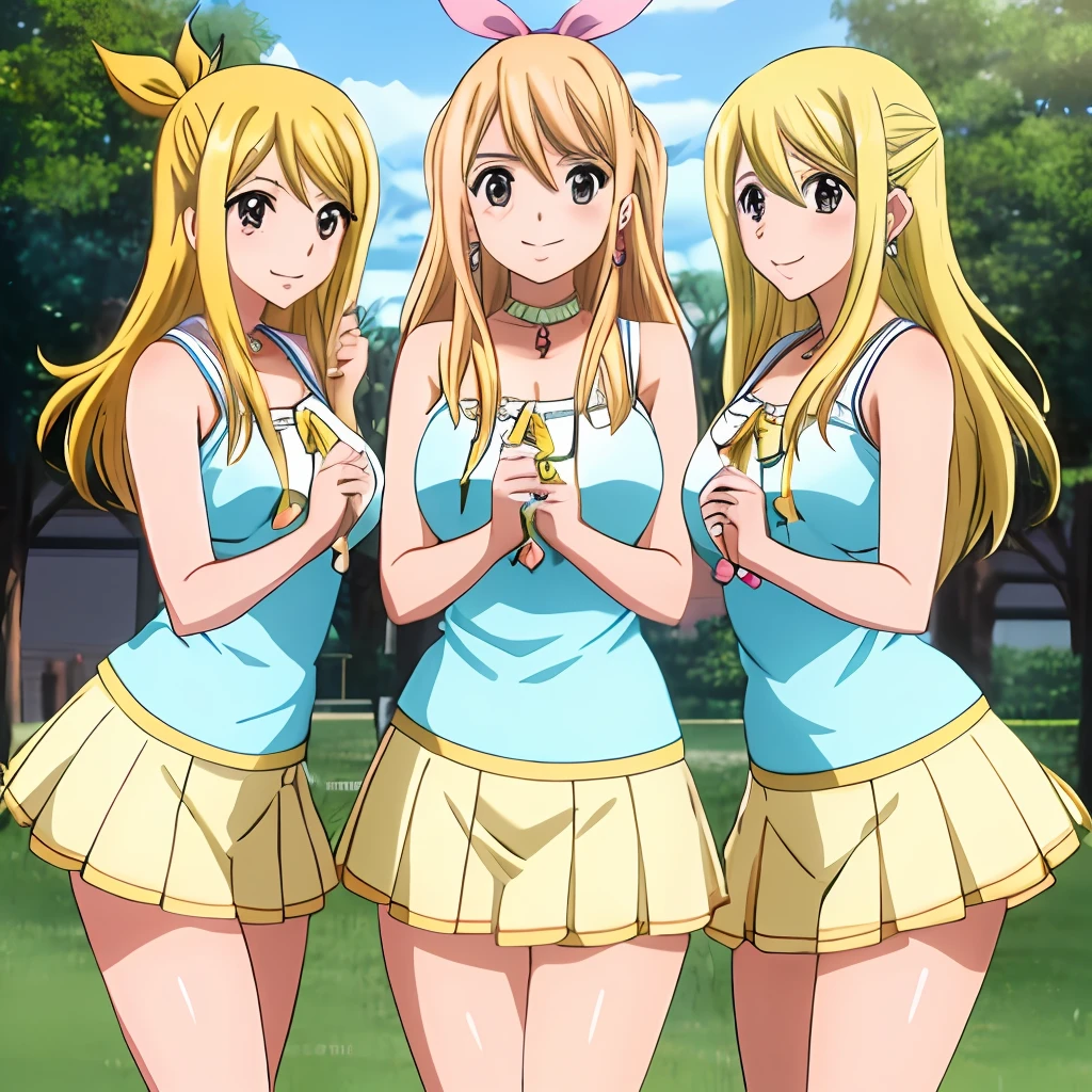 lucy heartfilia, 3girls, trio, triplets, clones, blonde hair, brown eyes, long hair, earrings, jewelry, smile, ribbon, hair ribbon, tree,