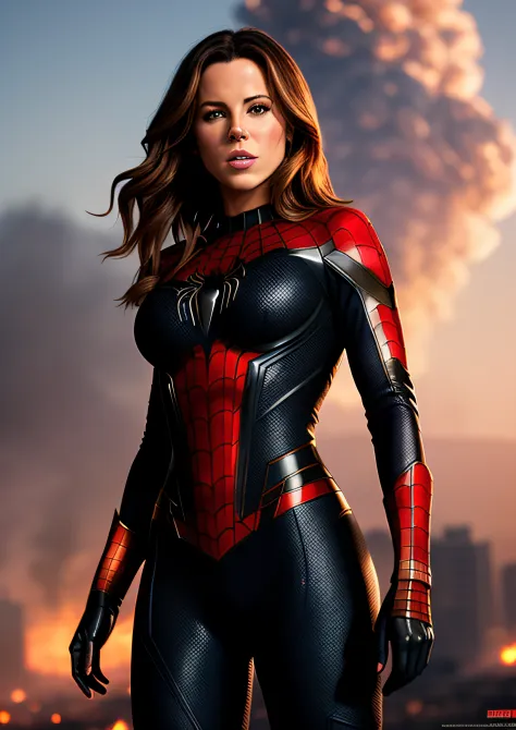 Kate Beckinsale in detailed Spider-Man ghost costume, large breasts, superhero pose, standing in ruined city at sunset, hyperdetailed, smoke, sparks, sunbeams, (8k), realistic, symmetrical, award-winning, cinematic lightning, soaked, film, 75mm, scratches,...