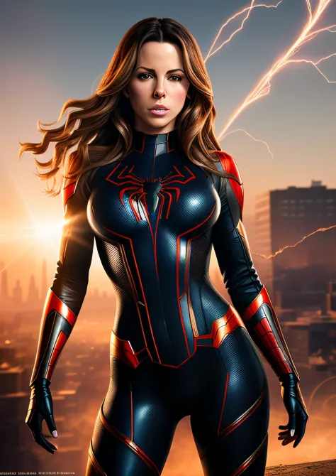 Kate Beckinsale in detailed Spider-Man ghost costume, large breasts, superhero pose, standing in ruined city at sunset, hyperdetailed, smoke, sparks, sunbeams, (8k), realistic, symmetrical, award-winning, cinematic lightning, soaked, film, 75mm, scratches,...