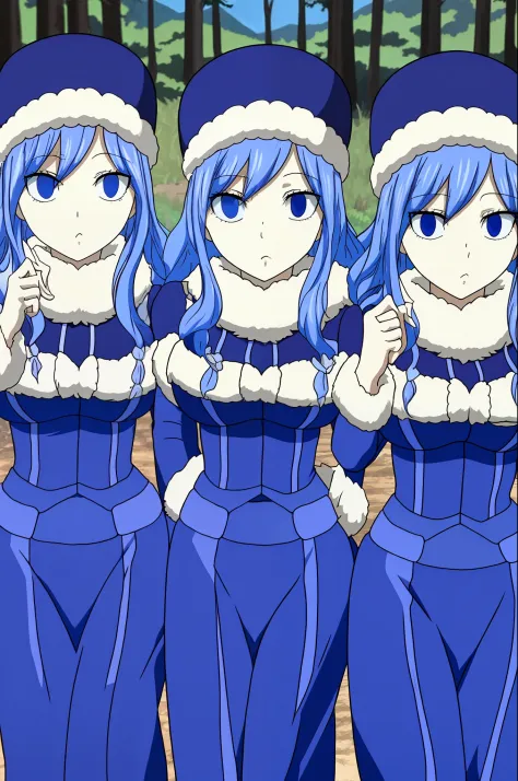 masterpiece, best quality, highly detailed, highres, hdr, 3girl, trio, triplets, clones, (Juvia_Lockser)++ in the forest, trees, blue eyes,  long hair, hat