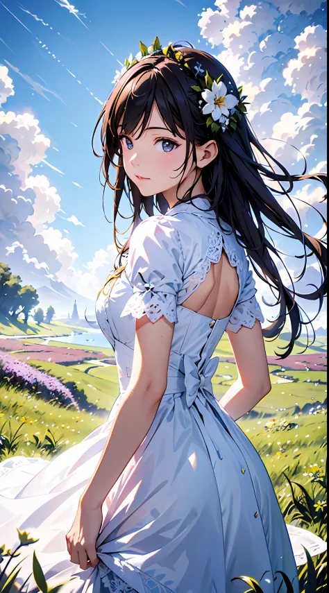 Blue sky and clouds in background, wears a white dress，Purple lace，There are flowers on it, Art germ, Rosla global lighting, a detailed painting, Fantasy art
