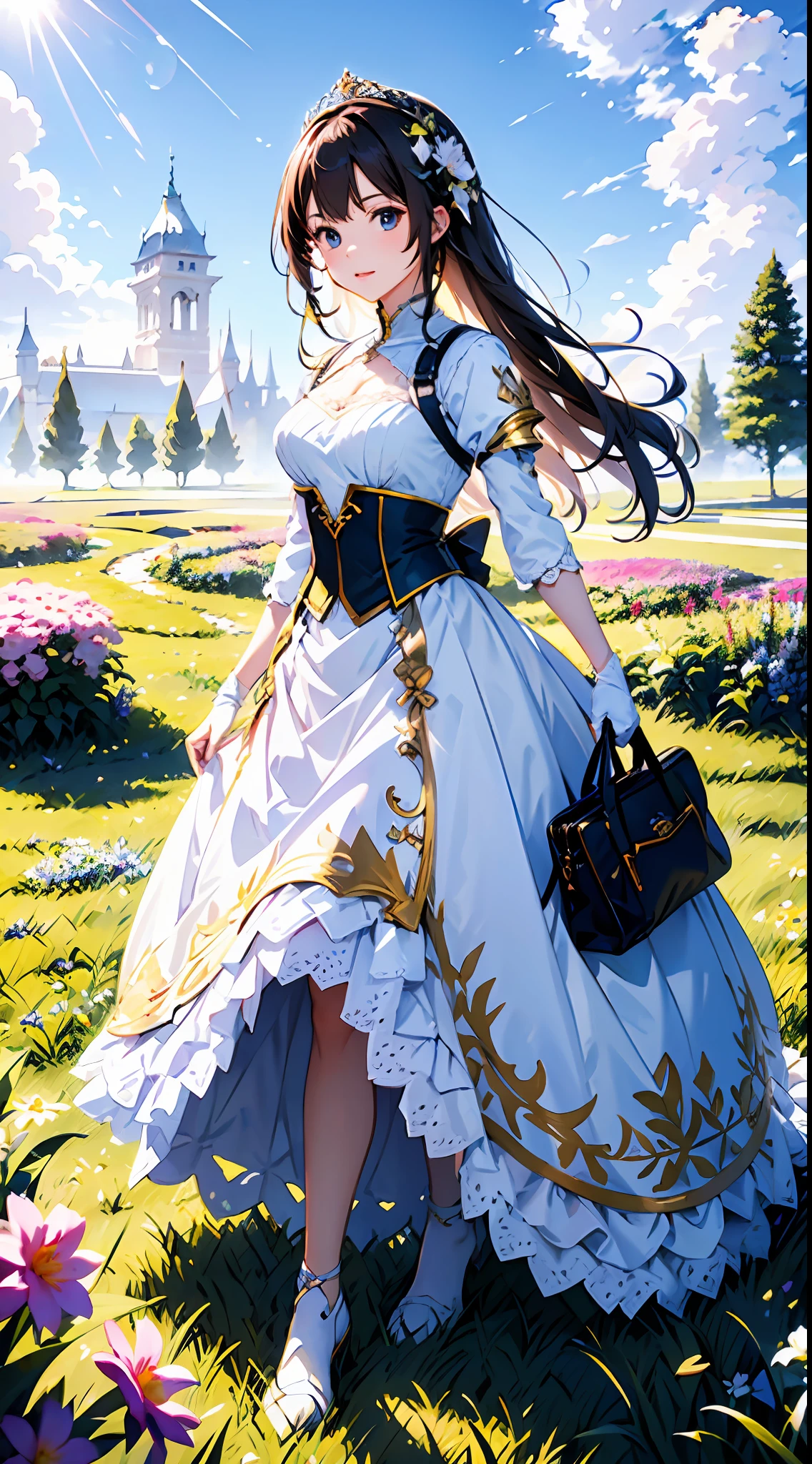 Blauer Himmel und Wolken im Hintergrund, trägt ein weißes Kleid，Lila Spitze，Es sind Blumen darauf, Art germ, Rosla globale Beleuchtung, ein detailreiches Gemälde, Fantasy-Kunst