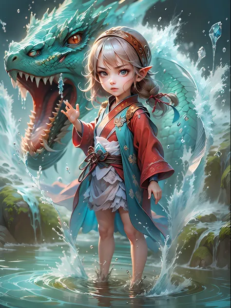 Q version 3 years old（Red robe：1.4）Baby girl standing in front of a transparent blue water dragon，crystal-clear，Eau，water flowin...