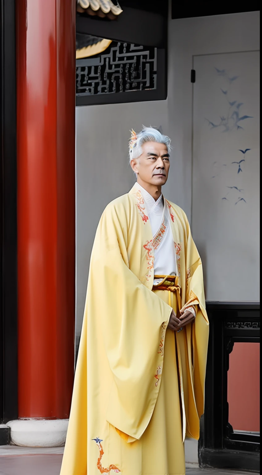 Masterpiece, Highest quality, (solofocus),, (High detail: 1.1),dojo，Yellow robe， Man, chinese crown, 1 person,and white hair,Ultra-high resolution , Detailed background, Realistic lighting, wearing a detailed and intricate xianxia antique outfit