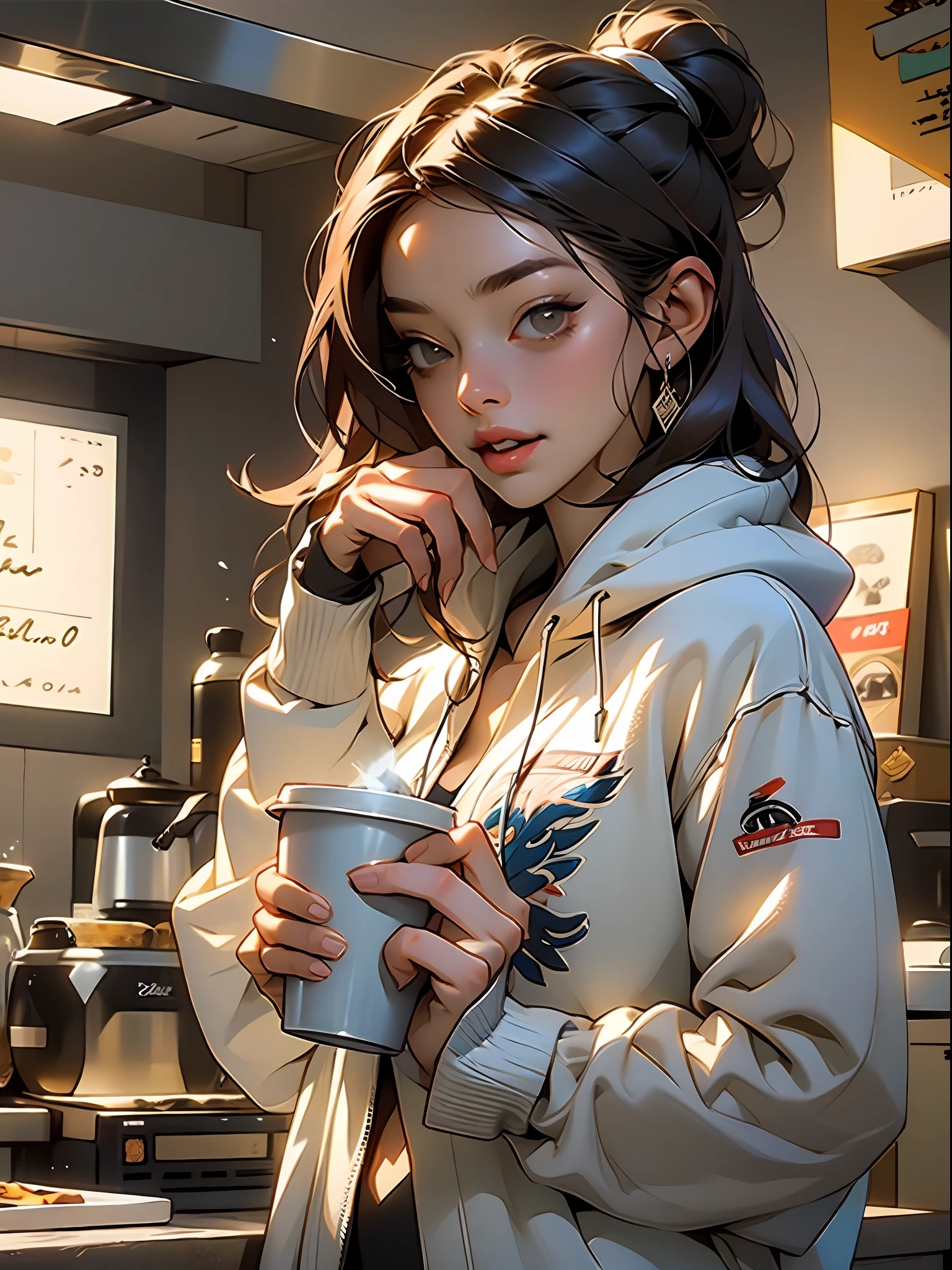 Anime girl with coffee cup in kitchen with coffee maker - SeaArt AI