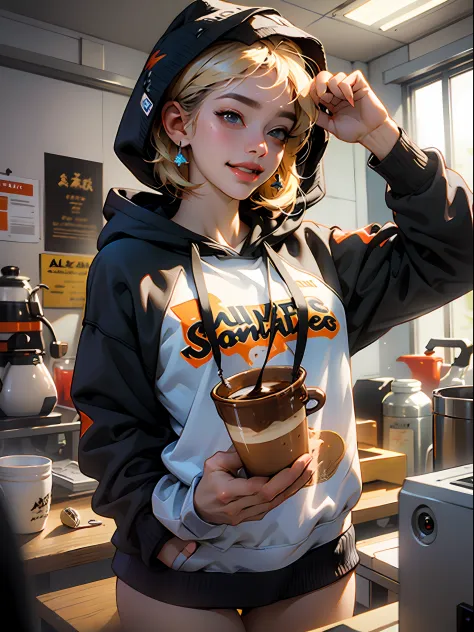 Naked hoodie, nijistyle, Uma garota com uma blusa de moleton aberta mostrando os seios grandes e empinados, preparing coffee for...