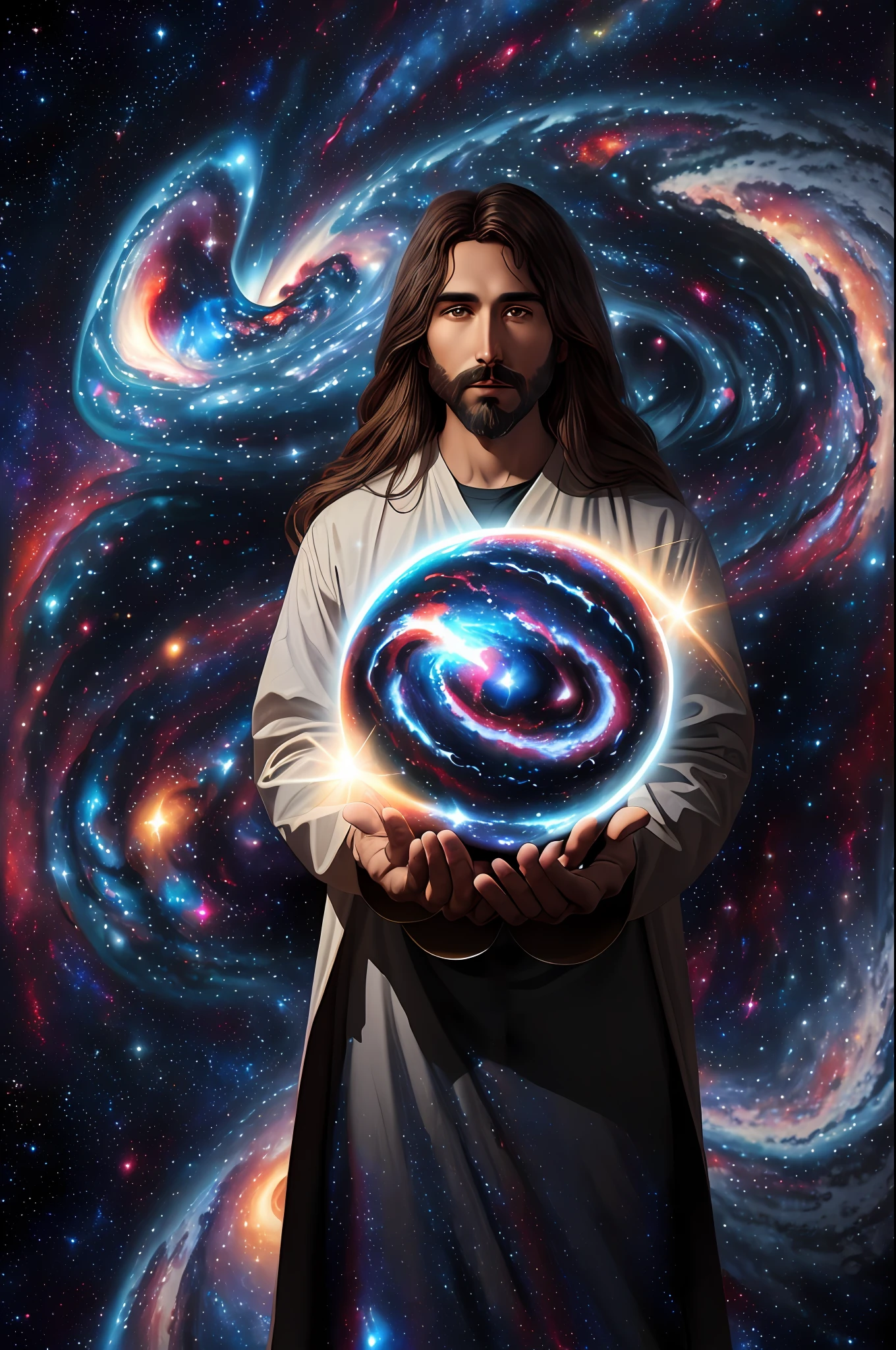 (Jesucristo, (Creador de galaxias + Galaxias en el fondo:1.2), (planeta Tierra:0.8)) con el mundo en la palma de sus manos.