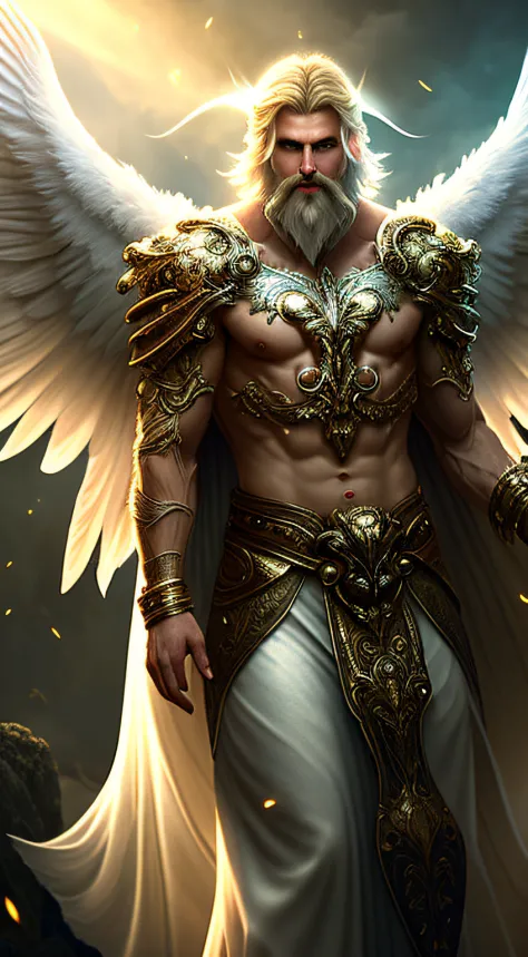 a male angel, with beams of light surrounding his body, his feathered wings are spread, a gold (halo:1.2) over his head, muscula...