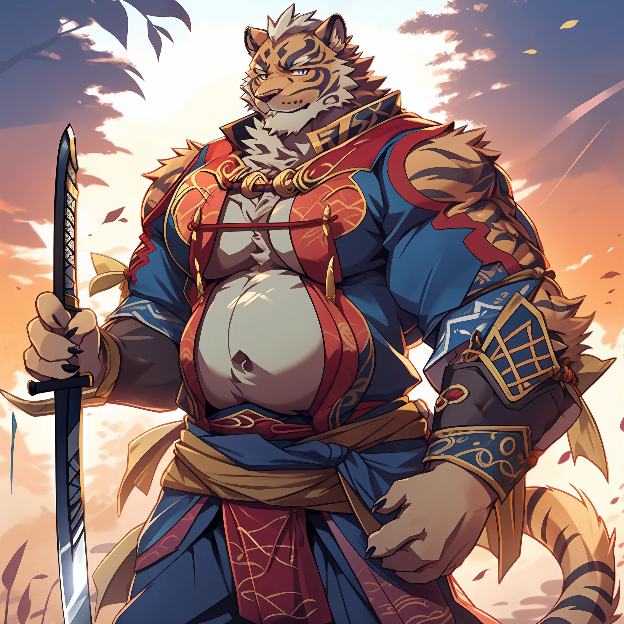 Lin Hu，musculature，tit，Fat Chubby，Wear a katana，potbelly，Plump and firm，Huge protrusions on the lower body，Wear a katana，Samurai style，carrying swords on his back，Five fingers，byself，Put your hands in your pockets