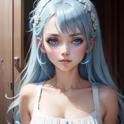 a girl, blue hair, blue eyes, white dress