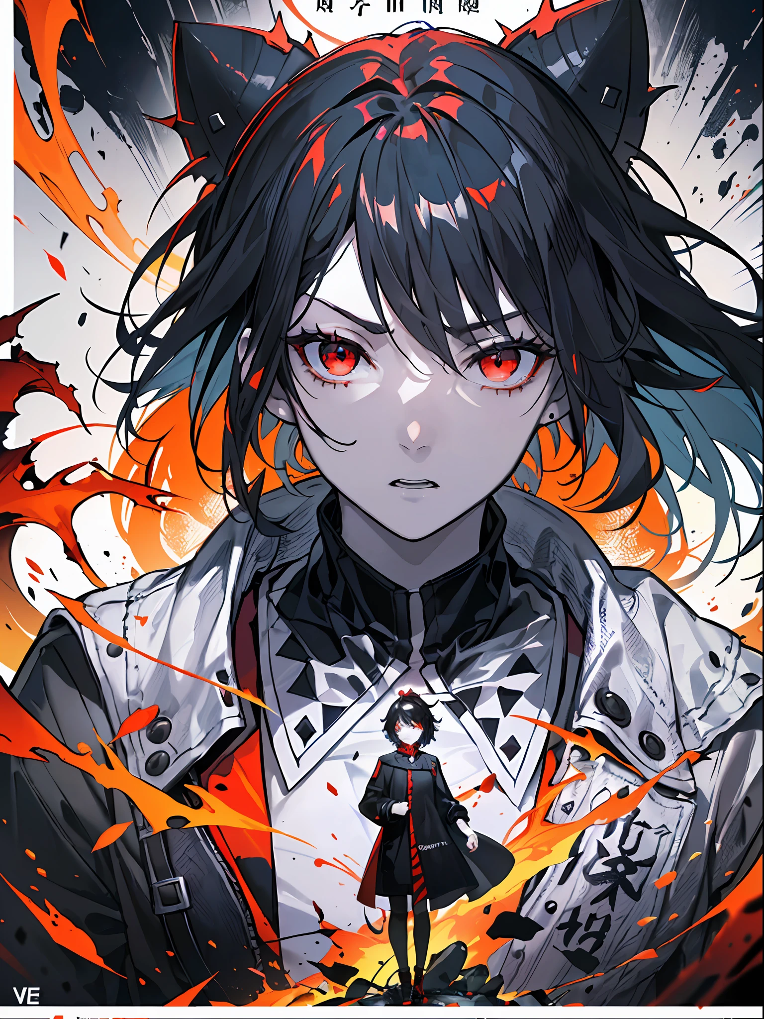 Anime character with black hair and red eyes standing in front of a fire -  SeaArt AI