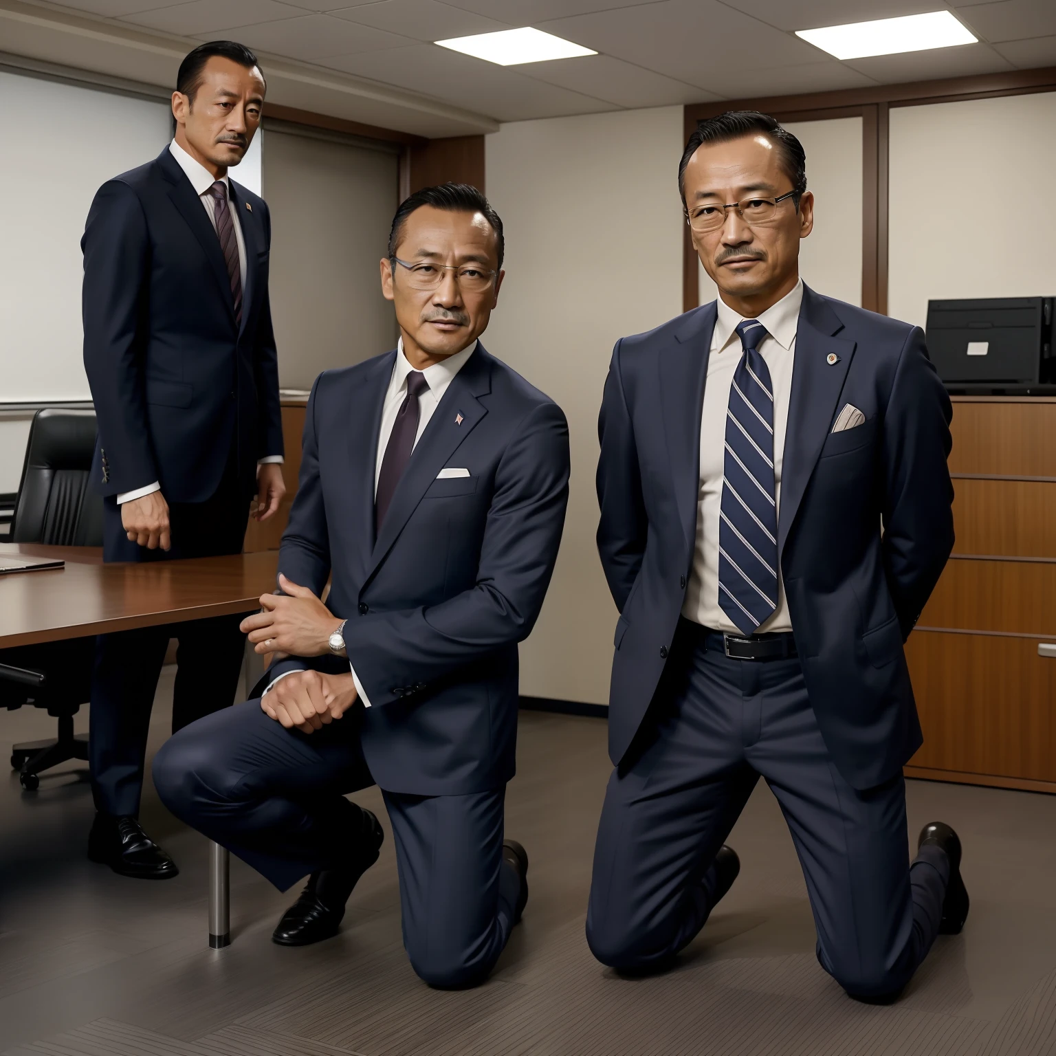 50 anos，Hidetoshi Nakata，（Kogoro Mouri1.3），sem camisa，língua，protuberância，escritório，meias pretas longas，afinar，musculatura，barba，fortaleza，obra de arte de um，obra-prima，k hd，sorria，macacão，terno de negócios，ajoelhado，dois rapazes，mão atrás da cabeça