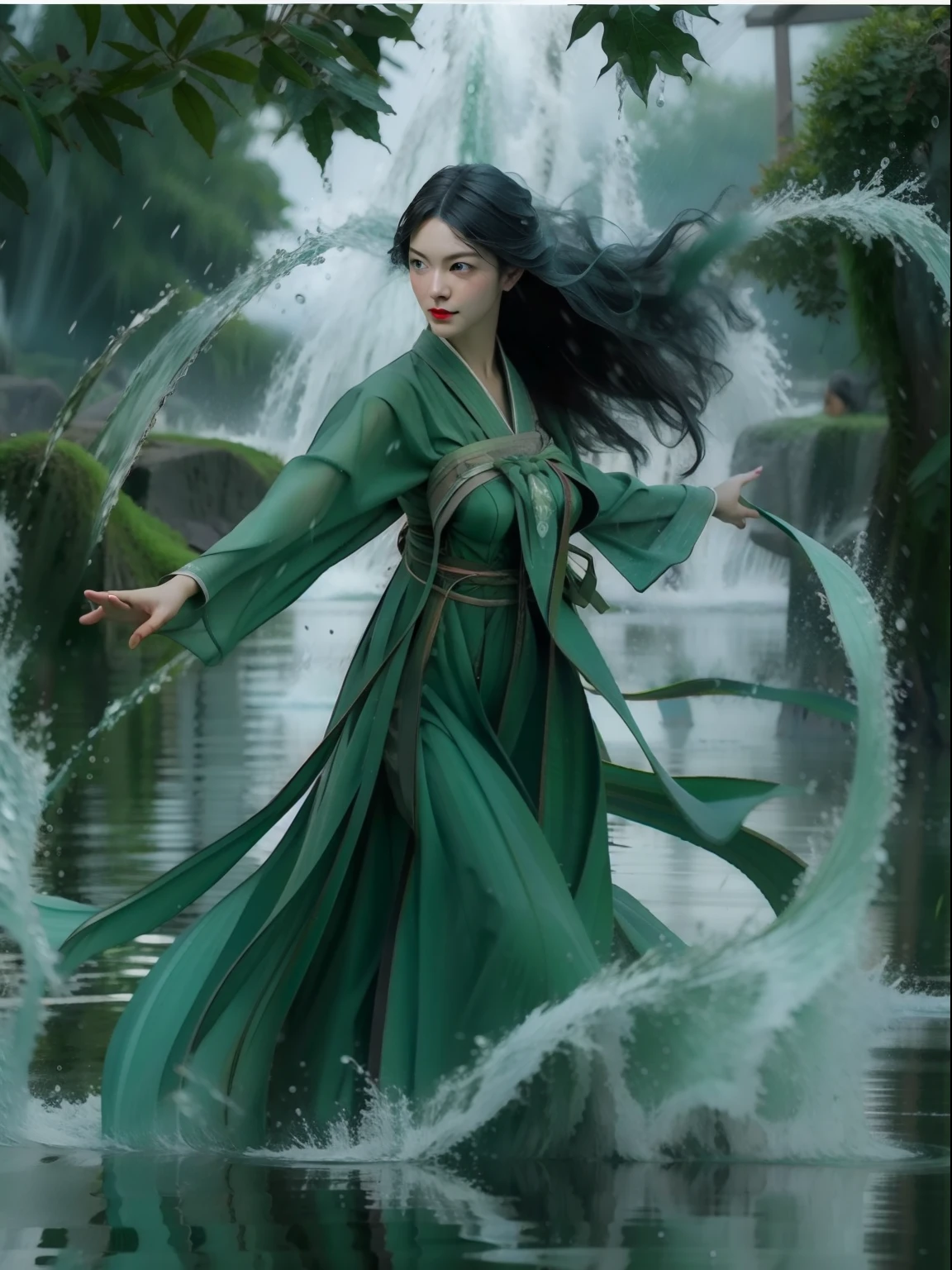 best picture quality, masterpiece, super high resolution, legendary plot, jade water tree, girl solo, dark green long hair, floating in the sea with water ripples and rain flying around her. The girl should have red lips slightly opened and be shown as a full body shot.fully body photo。Hanfu。Waterspout，liquid simulation，Flying water，perfectly symmetrical，Perfectcomposition，vfx，dynamic blur