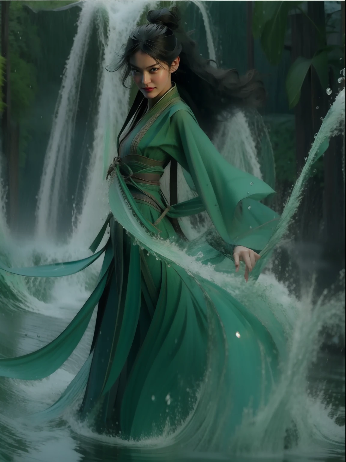 Meilleure qualité d&#39;image, chef-d&#39;œuvre, super haute résolution, intrigue légendaire, arbre d&#39;eau de jade, fille seule, cheveux longs vert foncé, flottant dans la mer avec des ondulations d&#39;eau et de la pluie volant autour d&#39;elle. La fille doit avoir les lèvres rouges légèrement ouvertes et être représentée comme une photo de tout le corps..photo entièrement du corps。Hanfu。Trombe，simulation de liquide，Eau volante，parfaitement symétrique，Composition parfaite，Effets visuels，flou dynamique