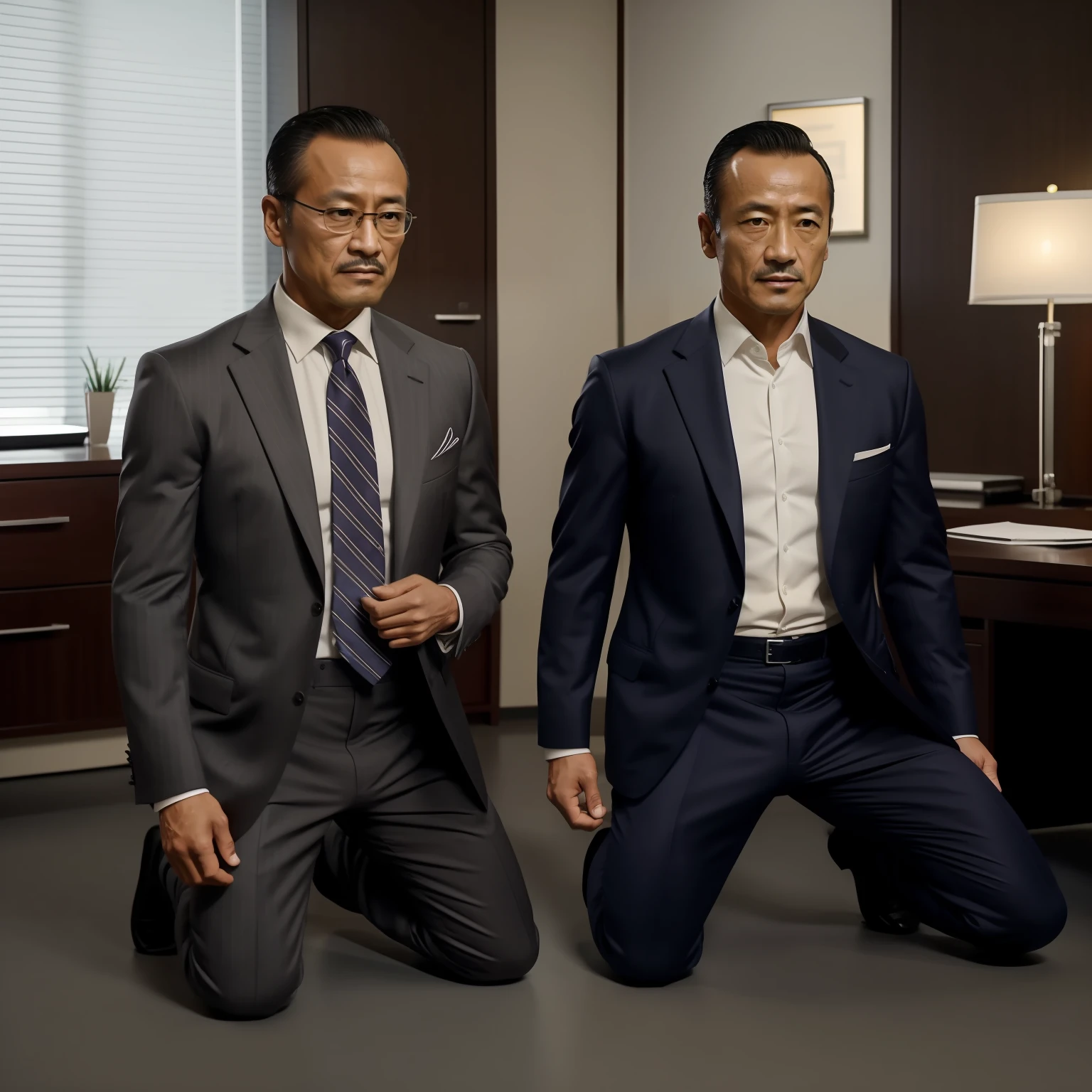 50yearsold，Hidetoshi Nakata，（Kogoro Mouri 1.3），Shirtless，Tong，Bulge，office room，black long socks，Thin，musculature，lbeard，fortitude，artwork of a，tmasterpiece，k hd，ssmile，tightsuit，Business suit，Kneeling，two guys，hand behind head